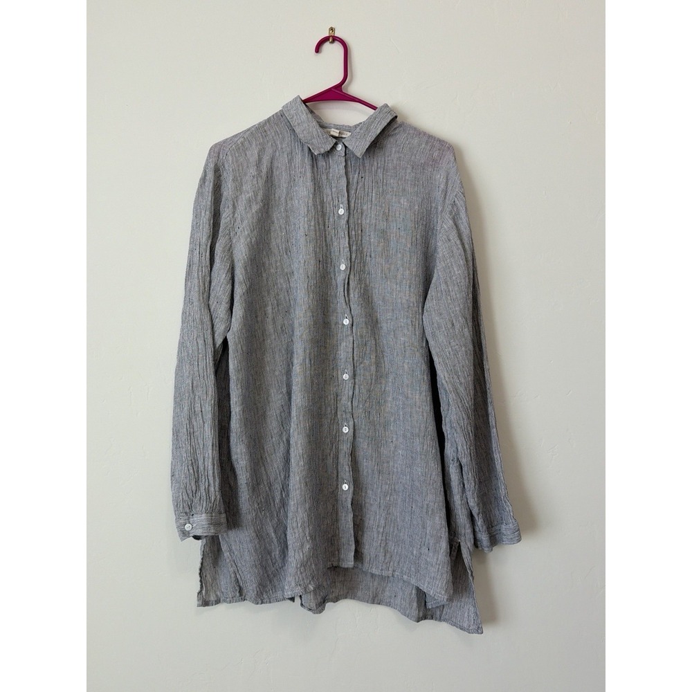 Eileen Fisher 100% Organic Linen Button Down Tunic Shirt Grey White XL Oversized